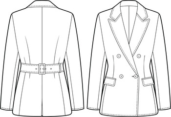 Women’s blazer flat sketch, cad drawing, vector illustration, double breasted tailored jacket design, fashion garment template, front and back view