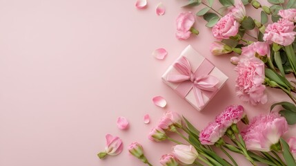 Elegance of Pink Carnation Flowers and a Wrapped Gift Box on a Pastel Background with Scattered Petals for Mothers Day or a Wedding