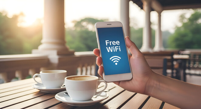 Enjoying a relaxing coffee break with convenient free WiFi access on a sunny patio outdoors