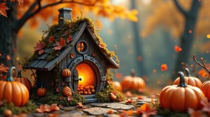 Enchanted autumn fairy house surrounded by pumpkins and fall foliage