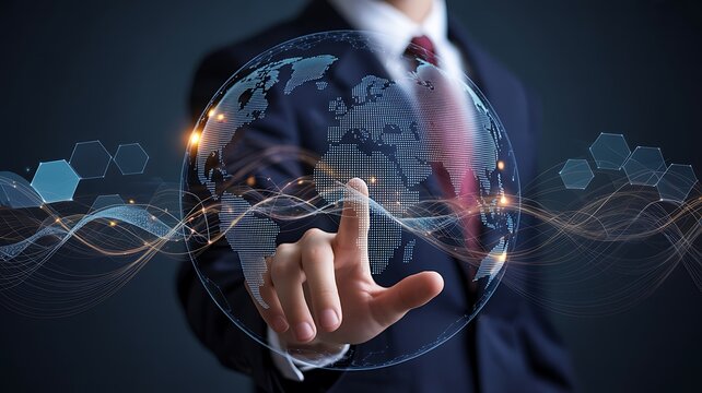 Global Business Network Connection Man Touching Digital Earth for International Communication and Technological Advancement
