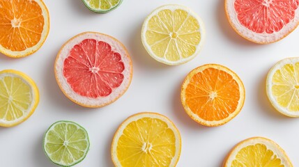 Vibrant Pattern of Mixed Citrus Fruit Slices Orange Lemon Grapefruit and Lime on a Clean White Background Vitamin C Healthy Diet