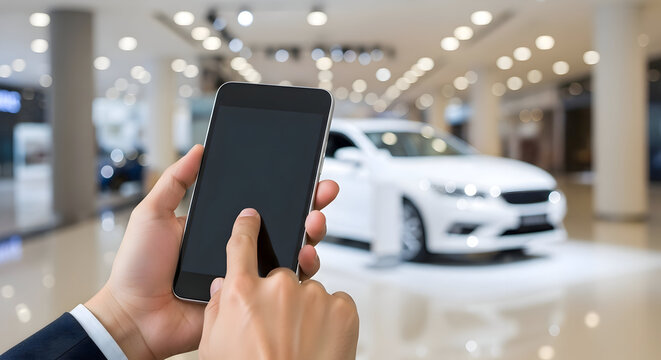 Modern businessman uses smartphone to research new car selection in bright, contemporary showroom, symbolizing smart purchasing decisions and automotive technology.