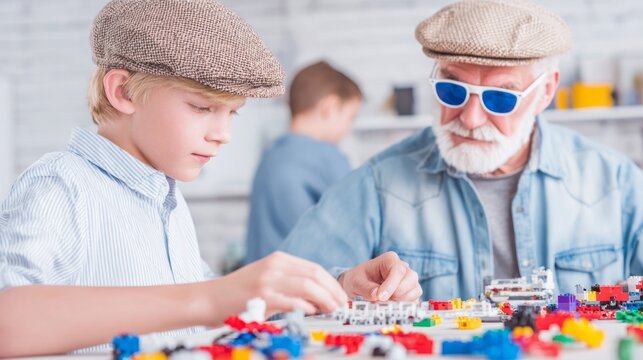 Grandfather and grandson spending time together building models with colorful blocks. Family connection, learning and creativity concept