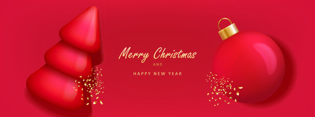 Red holiday banner with 3d Christmas tree and ball. Christmas card background with gold text.