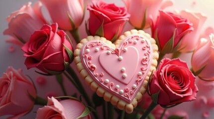 Pink heart cookie surrounded by delicate pink and red roses