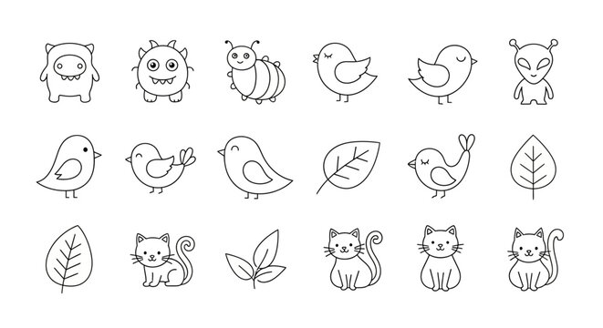 Collection of charming hand-drawn doodles featuring whimsical creatures and natural elements for