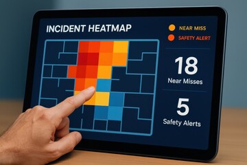 Operator analyzing incident heatmap displaying near misses and safety alerts on tablet. Concept of risk management, safety analytics, and data-driven decision making in operations.