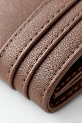 Macro close-up of brown leather wallet showing detailed stitching and textured surface. Luxury craftsmanship and genuine leather material background