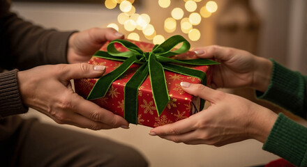 Hands Exchanging a Christmas Gift with Red Wrapping and Green Ribbon for Holiday Blogs, Seasonal Social Media, and Gift-Giving Education