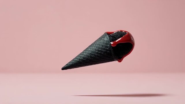 Floating black ice cream cone with red glaze against a pink background