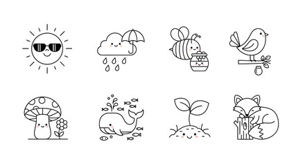 Obraz premium Collection of adorable minimalist line art illustrations depicting nature and animals icons
