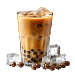Refreshing Iced Coffee with Boba Pearls and Ice Cubes Isolated on White Background