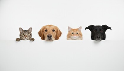 Four domestic pets two dogs and two cats peeking over a white surface in a row, portrait style front view with copy space, conveying curiosity, friendship, and charm