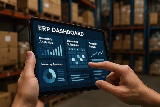 Warehouse worker interacting with ERP dashboard on tablet, analyzing inventory data and shipment schedules. Concept of data management, efficiency, and logistics in supply chain operations.