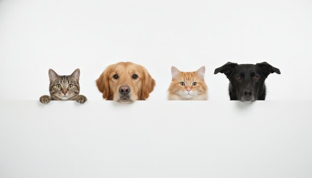 Four domestic pets two dogs and two cats peeking over a white surface in a row, portrait style front view with copy space, conveying curiosity, friendship, and charm