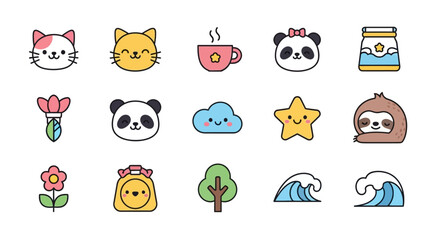 Naklejka premium Adorable kawaii style icons featuring playful animals, nature elements and everyday objects