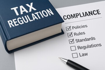 Obraz premium Tax regulation book and compliance checklist symbolizing the importance of meeting legal standards in business practices. Concept of financial governance and accountability.