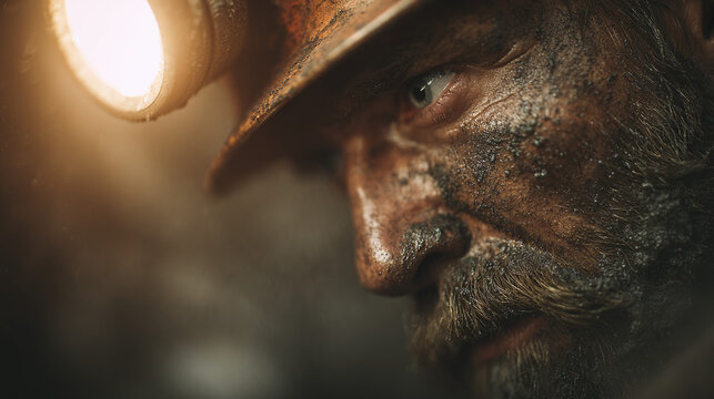 A weathered miner illuminated by his helmet lamp, a portrait capturing his determination and grit
