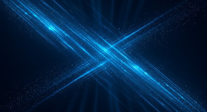 Abstract blue light streaks forming an x shape against a dark background, with glowing particles scattered throughout the composition