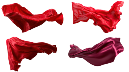 Flowing red silk superhero cape waving in the wind, shiny fabric texture. Isolated on transparent background, png