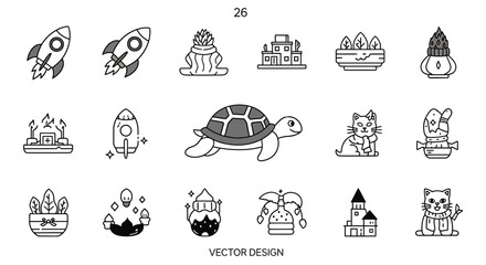 Fototapeta premium Assorted vector icon set featuring rockets, plants, buildings, turtle, cats and decorative elements