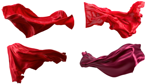 Flowing red silk superhero cape waving in the wind, shiny fabric texture. Isolated on transparent background, png