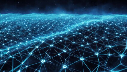 Abstract Network Grid with Glowing Blue Connections and Nodes.