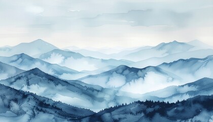 Serene misty mountain range in a traditional watercolor style, with ethereal blue layers of peaks fading into a distant horizon
