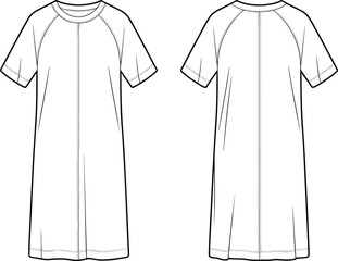 Short sleeve dress fashion sketch, technical flat drawing, front and back view, vector template, CAD drawing flat vector illustrationPrint