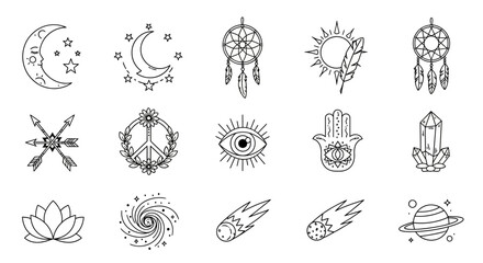 Assortment of mystical and esoteric icons in black and white line art illustration