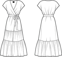 Tiered wrap dress fashion sketch, technical flat drawing, front and back view, vector template, CAD drawing flat vector illustration