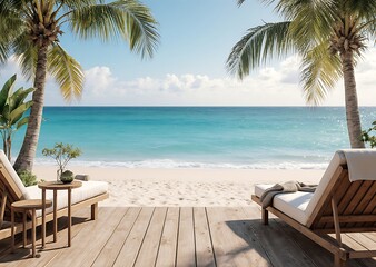 Scenic summer resort lounge chairs on wooden planks by oceanfront tropical vegetation and water.