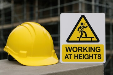Yellow hard hat and safety sign warning of working at heights, emphasizing construction site safety and worker protection practices.