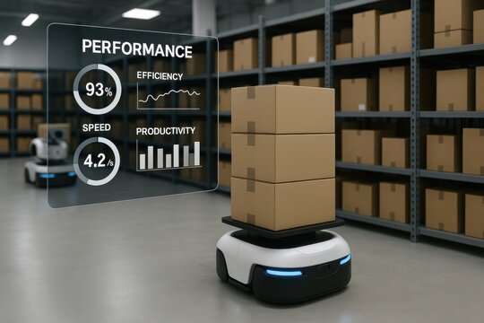Autonomous delivery robot transporting stacked boxes in a modern warehouse, showcasing performance metrics and efficiency in logistics automation. Concept of innovation and productivity.