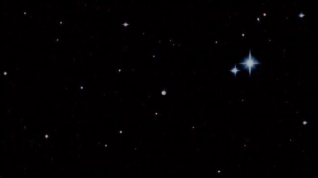 Night sky peppered with pinpricks of light from faint stars and a few brighter, blue-tinted celestial objects