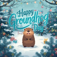 Cute groundhog standing in snow with happy groundhog day text