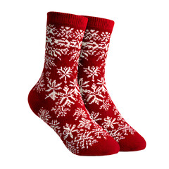 Festive Red Christmas Socks with Snowflake Pattern Isolated on White Background