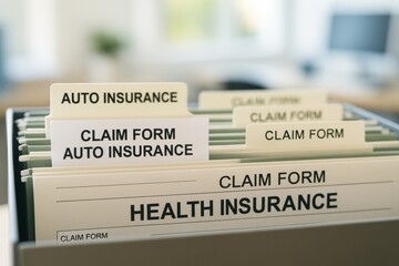 Obraz premium Organized insurance claim forms for auto and health insurance in a professional office setting. Concept of administrative efficiency, documentation, and insurance processes.
