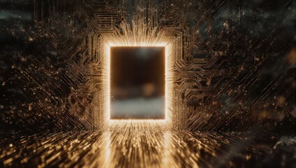 Abstract digital gateway with glowing energy and circuit board details.