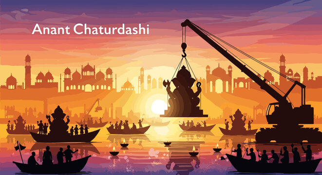 Anant Chaturdashi sunset silhouette of Lord Ganesha being immersed in water by boat processions amidst ancient Indian city skyline