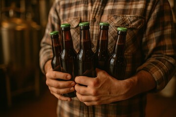 Craft beer enthusiast holding a six-pack of freshly brewed bottles, representing artisanal brewing culture and the joy of shared experiences. Concept of community and craftsmanship in beer making.