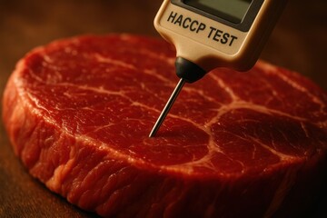 Precision meat thermometer measuring internal temperature of steak, highlighting food safety, quality control, and HACCP standards in culinary practices.