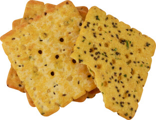 Stacked golden baked cookies with perforated surface and brown jagged edges, isolated on transparent background Png