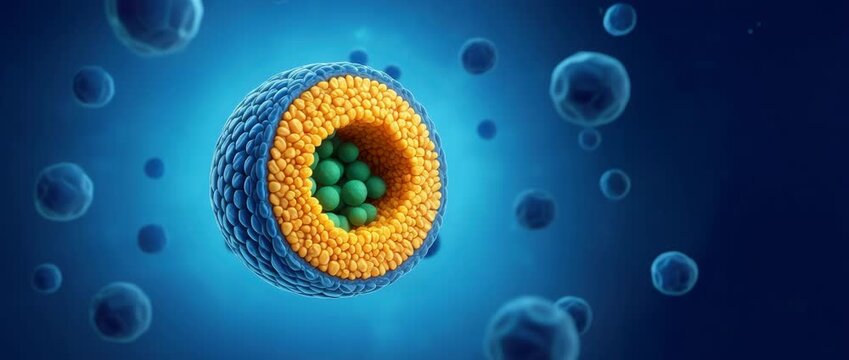 Liposome structure with multilayered membrane, nanotechnology banner, drug delivery system, cosmetic innovation, scientific background, blue copy space, molecular visualization