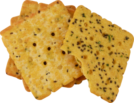 Stacked golden baked cookies with perforated surface and brown jagged edges, isolated on transparent background Png