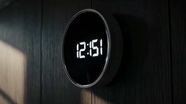 Round digital clock displaying "1251" on a textured, dark surface with subtle light highlighting its edge