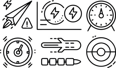 Fototapeta premium Speed and Performance Line Icons Set – Automotive Dashboard, Data Analytics, Velocity Symbols Vector