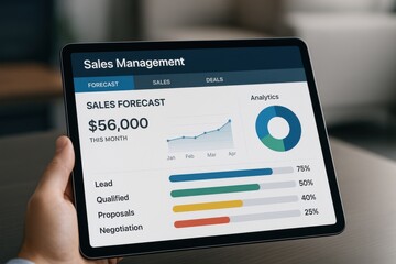 Sales manager reviewing forecast analytics on a tablet, highlighting growth and trends in business performance. Concept of data-driven decision-making and sales strategies.
