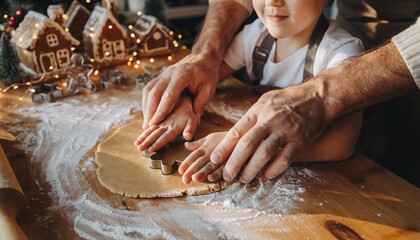 Close-up of father's hands guiding child's hands using cookie cutter on dough, family Christmas baking tradition